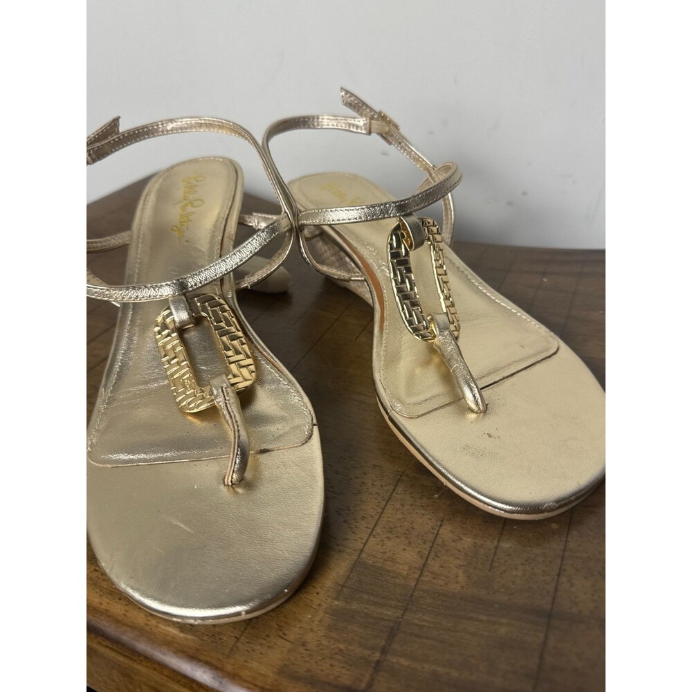 Lilly Pulitzer Gold Metallic Leather T Strap Wedge Sandals Women’s 8 Resort - Picture 11 of 13